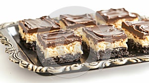 Fresh baked Nanaimo bars on vintage embossed metal tray and tiny forks in horizontal . Ai Generative