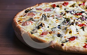 The fresh baked pizza with olives and tomatoes