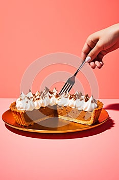 Fresh Baked Pumpkin Pie with Cinnamon Whipped Cream on pink background. Hand with spoon