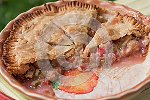 Fresh baked rhubarb pie - close up view