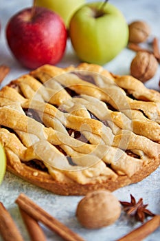 Fresh baked tasty homemade apple pie cake with ingredients on side