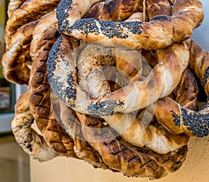 Fresh baked traditional romanian pretzels with salt, poppy and sesame seeds