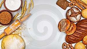 Fresh bakery products and ingredients for his cooking, banner with space for text