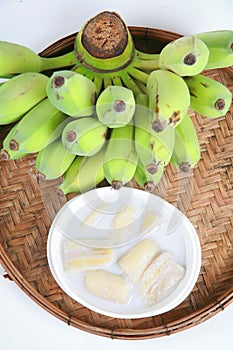Fresh Banana and sweet desert in white plate .