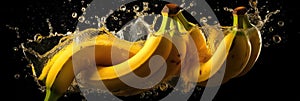 Fresh bananas falling into water with a big splash. Wide banner. Generative AI