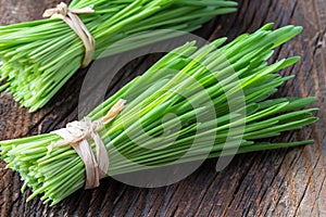 Fresh barley grass blades on a wooden background