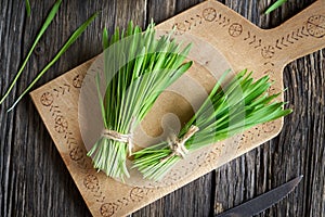 Fresh barley grass blades on a wooden cutting board