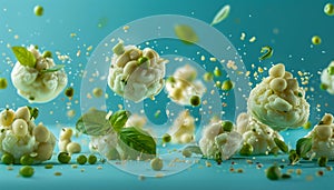 Fresh Basil and Cauliflower in a Dynamic Levitation Composition with Airy Green Peas on a Cool Blue Background for Healthy Eating