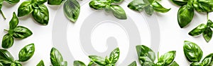 Fresh Basil Kitchen Banner on White Background - Culinary Design with Herbs and Spices