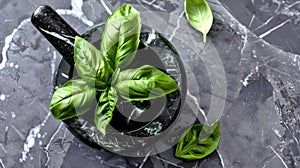 Fresh basil leaves in dark mortar on a marble background. Culinary herbs concept. Perfect for garnishing and flavor