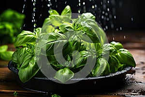 Fresh basil leaves in drops of water on a black plate on a wooden table. Generated by artificial intelligence