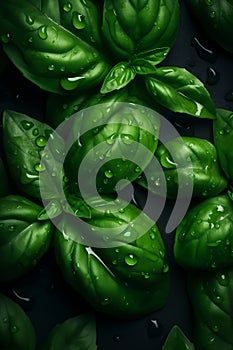 Fresh basil leaves with drops water close-up on dark background. Top view. Concept of healthy and dieting eating. Overhead view.