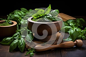 Fresh basil leaves and ground basil in wooden bowl