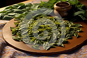 fresh basil leaves scattered on sauced dough photo