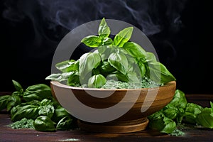 Fresh basil leaves in wooden bowl with aromatic smoke