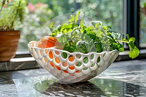 Fresh Basil and Orange in White Ceramic Colander on Kitchen Countertop with Natural Light