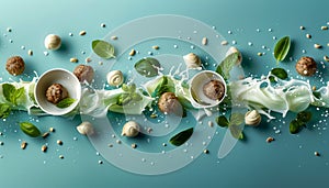 Fresh Basil, Parmesan Cheese, and Pine Nuts Ingredients Scattered on Blue Background for Pesto Sauce Recipe Concept