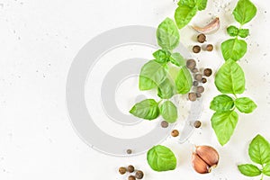 Fresh basil and spices on white stone background