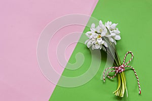Fresh beautiful bouquet of the first spring forest snowdrops  flowers with red and white cord martisor - traditional symbol of the