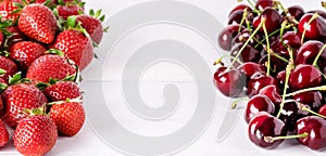 Fresh Beautiful Ripe Berries on a White Wooden Background Sweet Strawberries and Cherry Frame Long