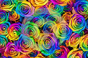 Fresh beautiful vibrant multicolor roses flowers for floral background. Rainbow colored unique and special roses. Top