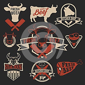 Fresh beef labels. Butchery store labels. Cow heads icons and bu