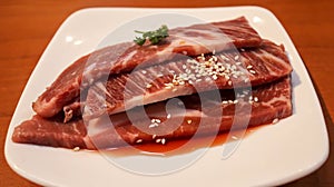Fresh beef or pork meat steak with butter soy present in a white plate for grill or barbeque. Japanese Wagyu beef steak