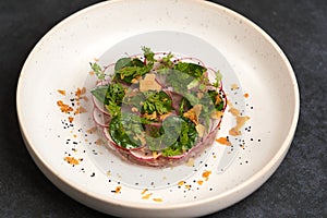 Fresh beef tartare dish with fresh vegetables in white plate