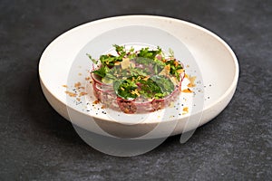 Fresh beef tartare dish with fresh vegetables in white plate