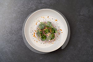 Fresh beef tartare dish with fresh vegetables in white plate