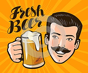 Fresh beer, poster. Alcoholic beverage, pub concept. Pop art retro comic style. Cartoon vector illustration