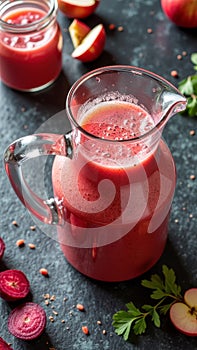 Fresh beet and apple juice in glass jug on dark rustic tabletop photo