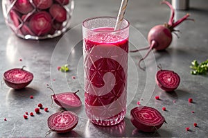 Fresh beetroot juice in glass with sliced beets on gray surface