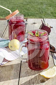 Fresh beetroot juicee on wood table