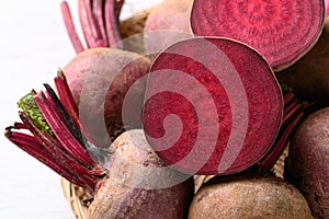 Fresh beetroot in natural basket, Food ingredient