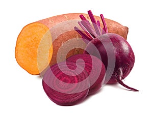 Fresh beetroot and sweet potato isolated on white background