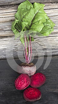 Fresh beets on a rustic wooden background in the section