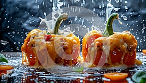 Fresh Bell Peppers with Melted Cheese Topping Splashed with Water Droplets on Dark Background