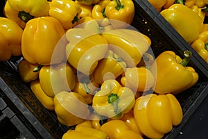 Fresh bell peppers texture on a counter in the supermarket