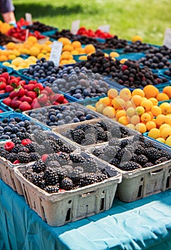 Fresh Berries and Fruit Displayed on a Table at a Sunny Outdoor Market