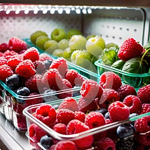 Fresh berries fruit stored neatly in organized clear pastic containers