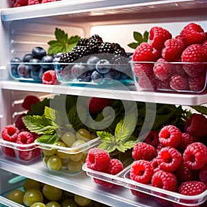 Fresh berries fruit stored neatly in organized clear pastic containers