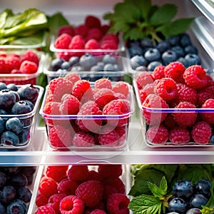 Fresh berries fruit stored neatly in organized clear pastic containers