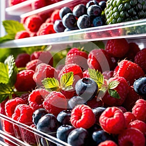 Fresh berries fruit stored neatly in organized clear pastic containers