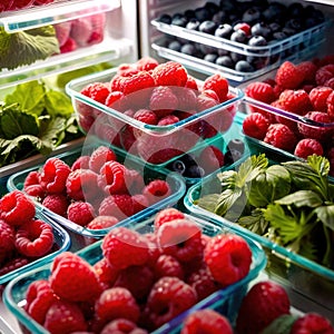 Fresh berries fruit stored neatly in organized clear pastic containers