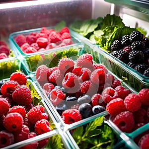 Fresh berries fruit stored neatly in organized clear pastic containers