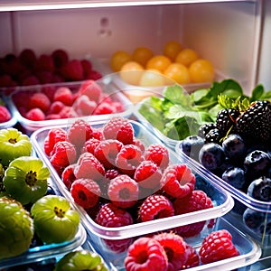 Fresh berries fruit stored neatly in organized clear pastic containers