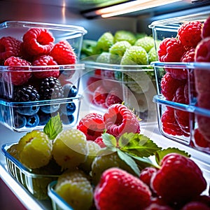 Fresh berries fruit stored neatly in organized clear pastic containers