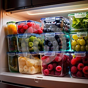 Fresh berries fruit stored neatly in organized clear pastic containers