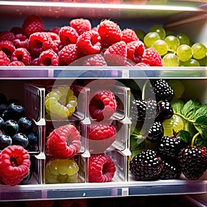 Fresh berries fruit stored neatly in organized clear pastic containers